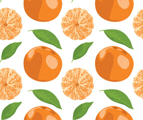 Tangerines with and without peel and leaves. Seamless pattern in vector. Cute food pattern. Suitable for backgrounds and prints.