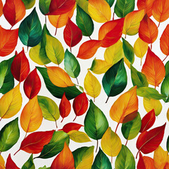 pattern of yellow, red and green tree leaves. autumn. oil on canvas and water colors. White background