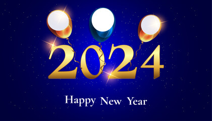 Naklejka premium Happy New Year 2024 greeting card. Vector bright illustration with balloons and golden stars on a bright blue background. Holiday concept.
