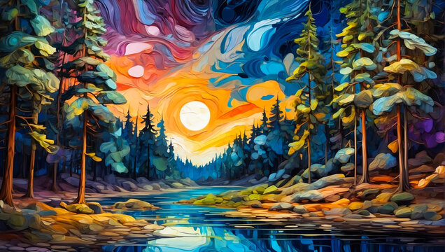illustration of  forest with colorful trees and moon