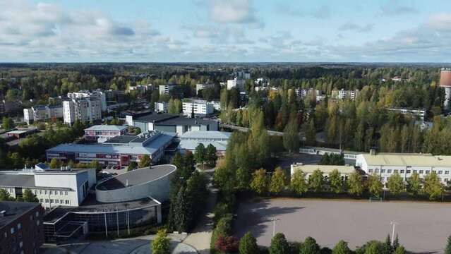 Aerial view of Cinema Keuda building in forest city of Kerava, Finland