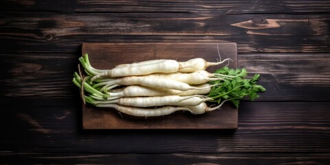 Ripe bunch of white asparagus on wooden table. - obrazy, fototapety, plakaty