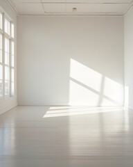 An empty white room with a window, shadows from the light for product presentation, background for your photos, overlay
