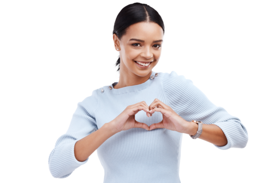 Portrait, heart hand sign and woman, love and care with support and health isolated on transparent png background. Icon, gesture and emoji, vote and feedback with happy female model and wellness