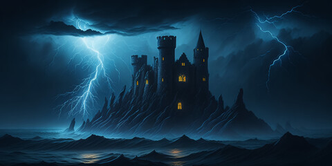 A fantastic castle in the middle of the ocean. Gloomy background, storm, thunderstorm. AI - obrazy, fototapety, plakaty