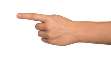 Male hand with index finger pointing to something. PNG isolated on transparent background - obrazy, fototapety, plakaty
