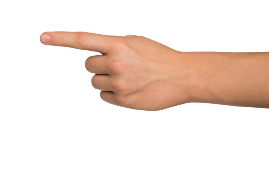 Male hand with index finger pointing to something. PNG isolated on transparent background