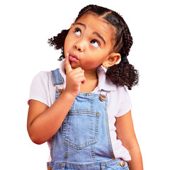 Isolated girl kid, thinking and idea for problem solving, solution or mindset by transparent png...