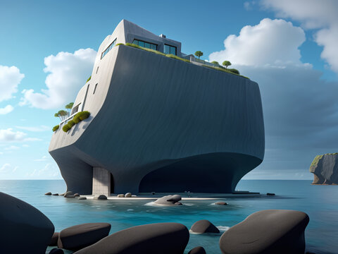 A modern fashion house made of rock, the rock comes out of the ocean. Fantastic landscape. AI
