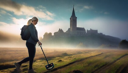 Woman treasure hunter metal detecting a historical field near an old town. - obrazy, fototapety, plakaty
