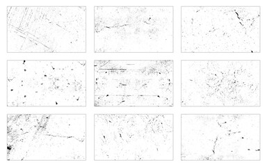 Grunge material monochrome set textures with abstract advertising backgrounds to create posters in dark style vector illustration