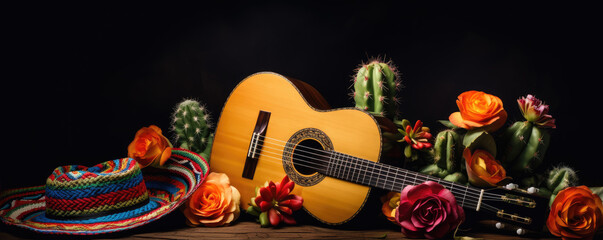 Guitar and cactus, cinco de mayo, Sombrero hat on black