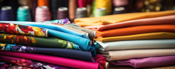 Obraz premium colored bright fabric. detail of sewing color material like fabric, cotton, spool of thread.