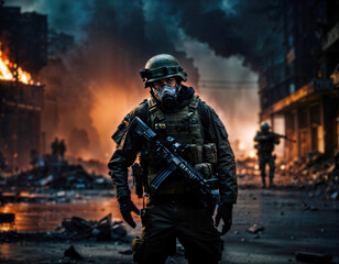 Naklejka premium armed soldier against the backdrop of a war-torn city