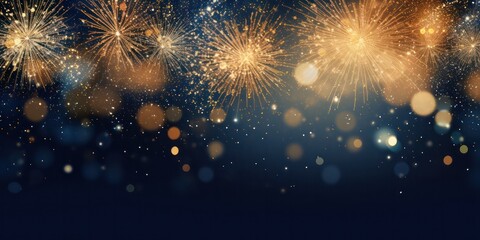 Elegant gold and navy blue glitter background with fireworks, ideal for Christmas Eve and New Year celebrations.