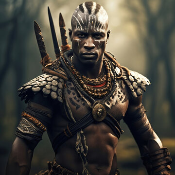 Ancient African warrior with painted face, illustration generative AI