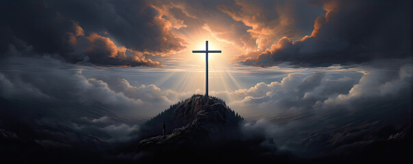 cross in clouds symbol of the death and resurrection , copy space for text. - obrazy, fototapety, plakaty