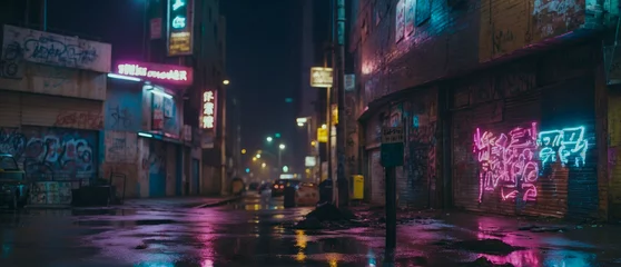Foto op Canvas Gloomy Lane of a futuristic city in the style of cyberpunk. Neon-lit Street with a lot of graffiti on the walls of old buildings. Grunge night cityscape. © Valeriy