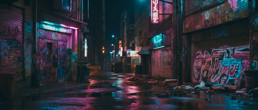 Gloomy Lane of a futuristic city in the style of cyberpunk. Neon-lit Street with a lot of graffiti on the walls of old buildings. Grunge night cityscape.