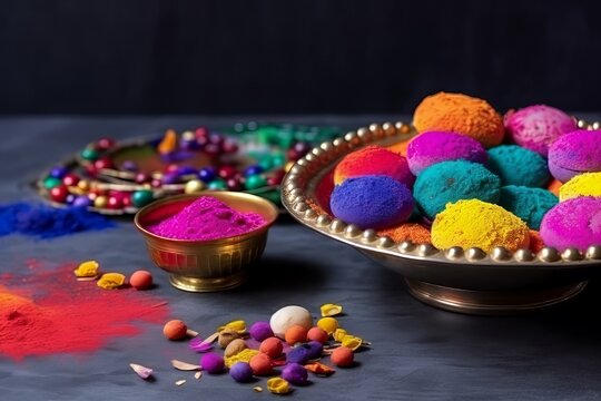 Traditional Indian Sweet Decorations. Sweet Dessert Mithai Holi Lamp. Generate Ai