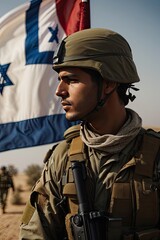 Fototapeta premium soldier in front of flag