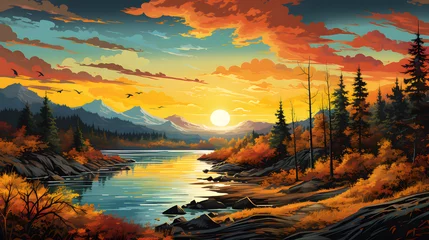 Foto op Canvas Set your sights on an epic autumn sunset where the horizon is adorned in fiery hues. This highly detailed background promises to ignite your creativity. © CanvasPixelDreams