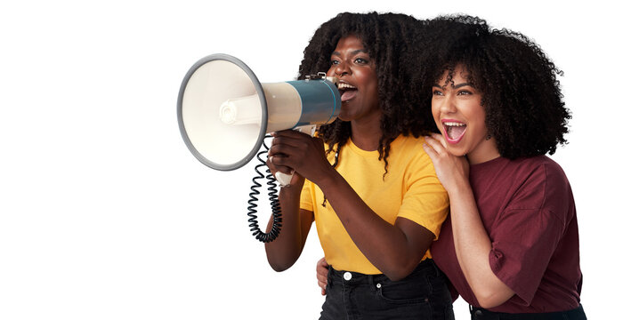 Megaphone, voice and woman or friends for news, broadcast or student sale isolated on transparent png background. African people, gen z or youth announcement, university and call to action or change