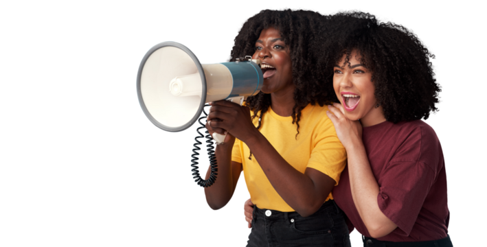 Megaphone, voice and woman or friends for news, broadcast or student sale isolated on transparent png background. African people, gen z or youth announcement, university and call to action or change