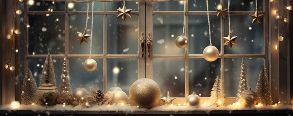 Christmas decoration window, balls trees, lights. Christmass wide banner,