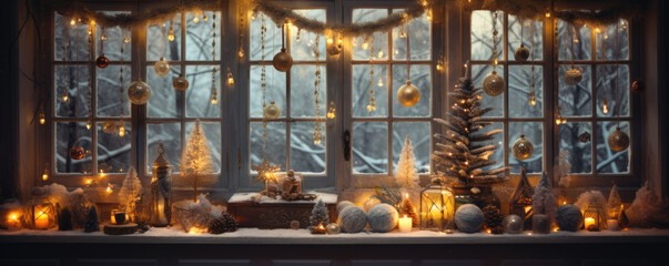 Christmas decoration window, balls trees, lights. Christmass wide banner, - obrazy, fototapety, plakaty