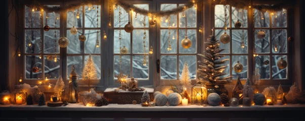 Foto op Plexiglas Christmas decoration window, balls trees, lights. Christmass wide banner, © Alena