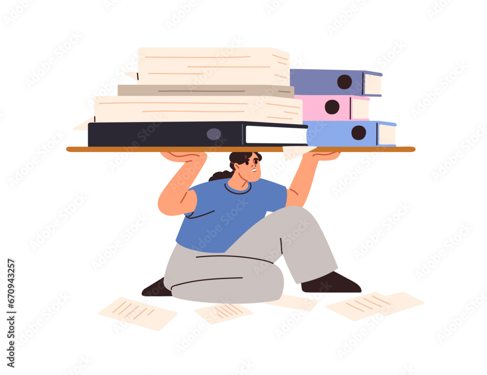 Aufkleber work burden, overload and bureaucracy concept. overworked employee with many paper documents, busine