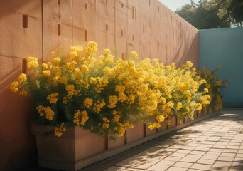 Wall base bathed slanting yellow flowers on street. Old grass gardening natural barrier. Generate Ai
