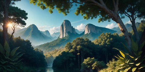 Landscape, green summer jungle in the mountains. Generative AI