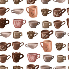 Seamless pattern with colorful cups and mugs. Coffee and tea ceramic kitchen tools. Cartoon vintage teacup pattern for english afternoon tea ceremony party on brown background