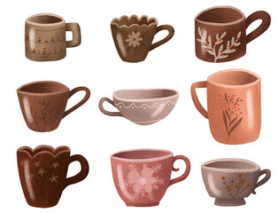 Hand drawn cups collection. Brown Illustration teacups for tea ceremony .  isolated on transparent background.  Illustration drink mug, cup coffee tea