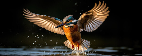 Kingfisher catching fish. Small bird king fisher in fly. - obrazy, fototapety, plakaty