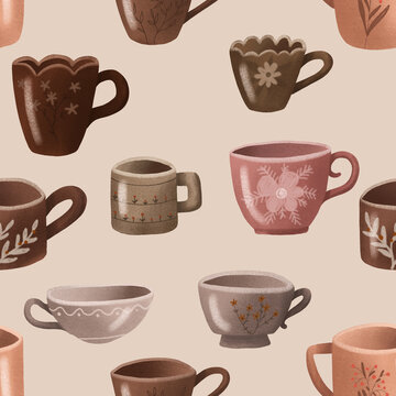 seamless pattern with brown ceramic cups. Tea and coffee cups, mugs. Endless design with colorful cups. Ceramic Crockery, Various Mugs on beige background