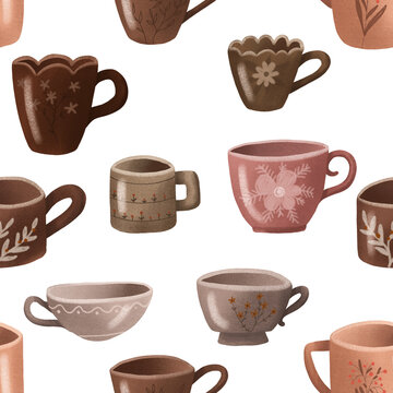 seamless pattern with brown ceramic cups. Tea and coffee cups, mugs. Endless design with colorful cups. Ceramic Crockery, Various Mugs on transparent background