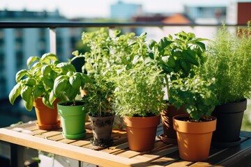Fototapeta na wymiar Growing herbs in pots at balcony. Sustainability lifestyle.