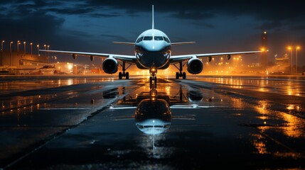 A majestic airplane stands on a rain-soaked tarmac at night, its twin engines casting symmetrical silhouettes. The cockpit glows, drawing focus to the plane's front. Generative AI