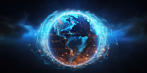 View of earth depicting Global communications and interactivity with satellites - Powered by Adobe