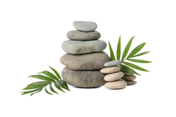 Fototapeta na wymiar PNG, Stones and tropical leaves, isolated on white background
