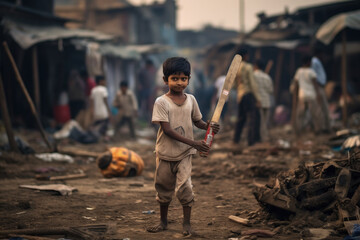 Indian boy playing Cricket in slums