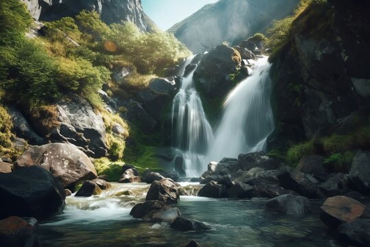 Waterfall iceland mountains view. Nature stream spring rock adventure. Generate Ai