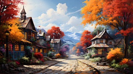 Step into a quaint countryside scene where charming cottages sit among picturesque autumn trees, painting an epic and highly detailed backdrop of seasonal bliss. - obrazy, fototapety, plakaty