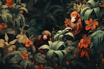 Monkeys with botanical background - obrazy, fototapety, plakaty