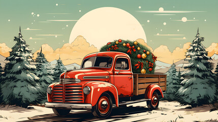 illustration of red christmas truck and christmas tree	 - obrazy, fototapety, plakaty