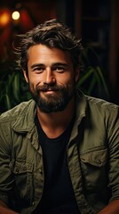 Fototapeta premium Portrait of happy mid adult man sitting on sofa at home. Handsome latin man in casual relaxing on couch and smiling. Man portrait illustration. Generative AI