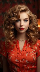 Fototapeta premium Beautiful smiling woman with long wavy hair. Girl curly hairstyle and red manicure nails. Beauty,makeup and cosmetics. Model illustration. Generative AI